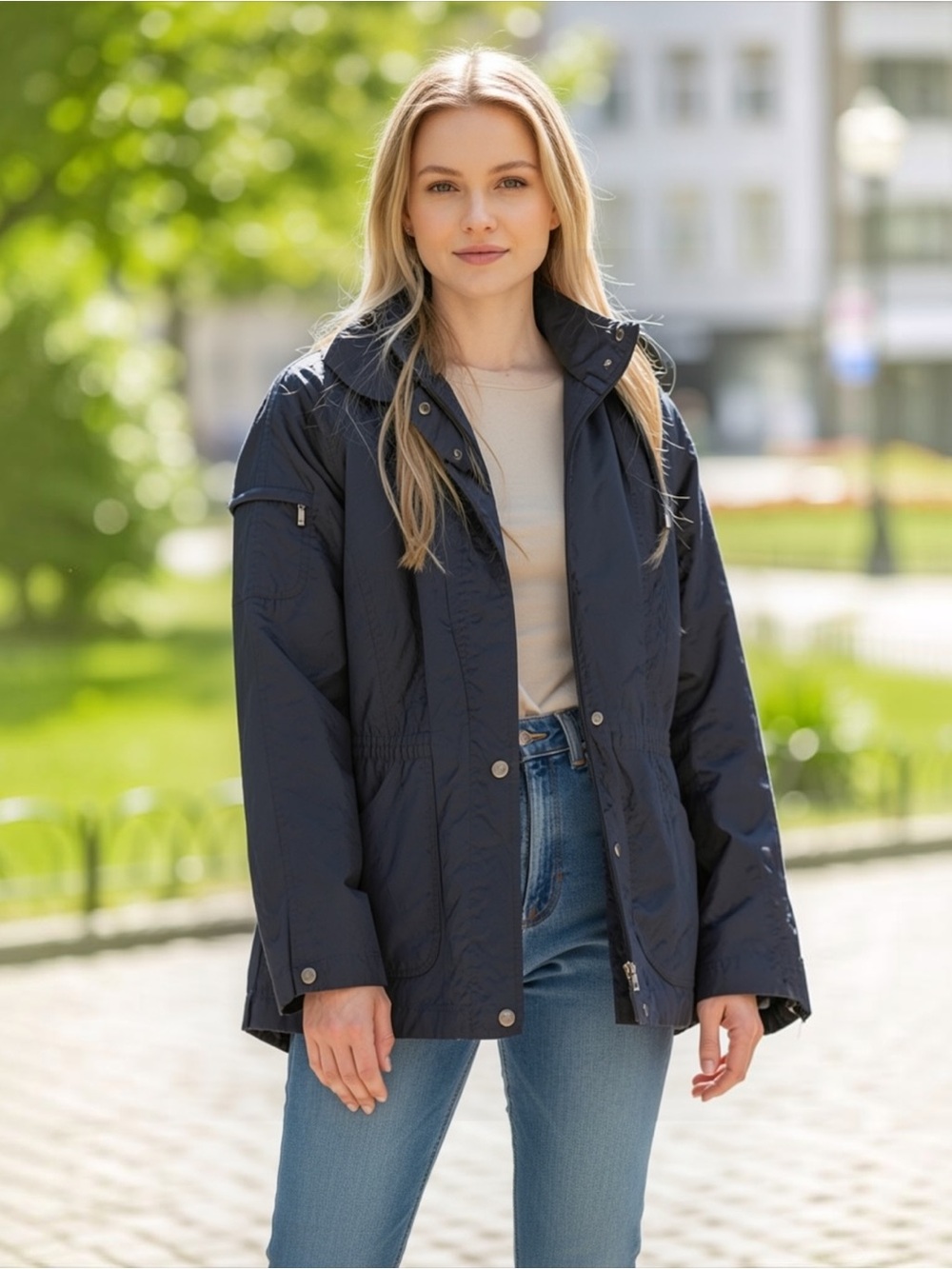 Coldwater Creek Navy Blue Hideaway Packable Hood Anorak Utility Jacket M